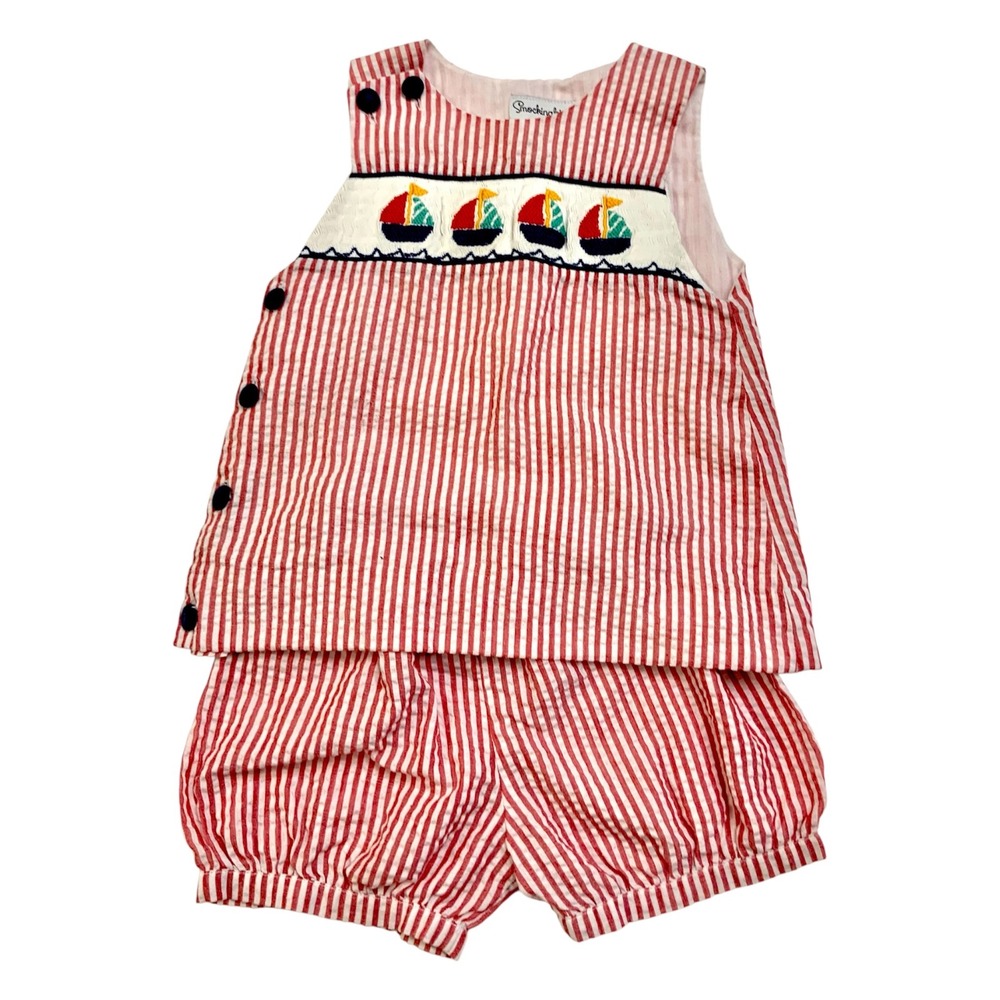 Smockingbird Sz 3 Red White Striped Sailboat Embroidered Smocked Bloomers Set